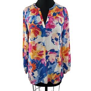Tyler Boe Watercolor Floral Multi Long Sleeve Silk Blouse Popover S FLAW